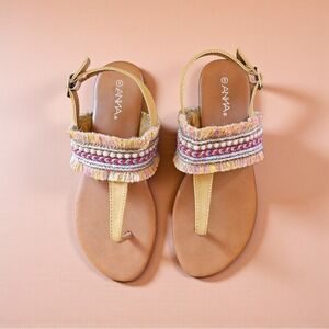 ANNA Womens Boho Beaded Fringe Thong Sandals Tan Multi Color Flat Slingback 8.5